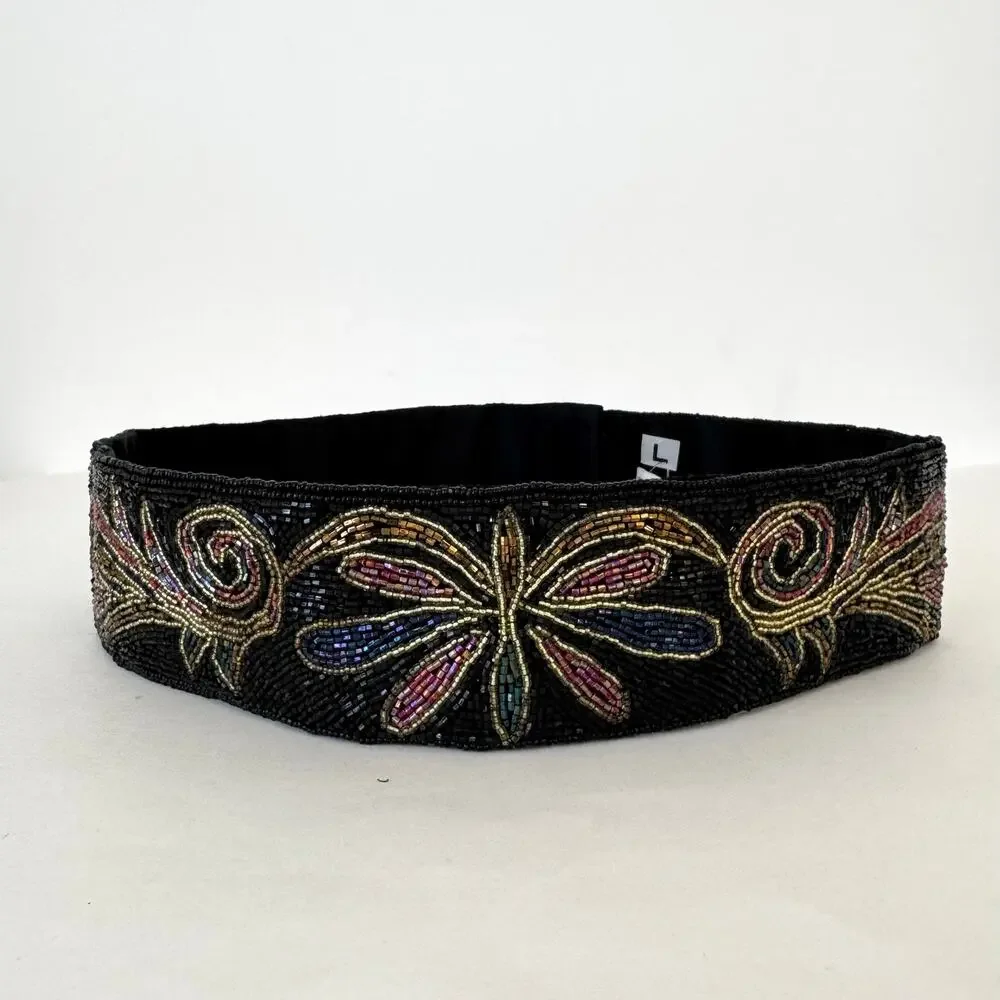 La Regale Handmade Fully Sequin Embellished Belt Satin Black Multi L NWT